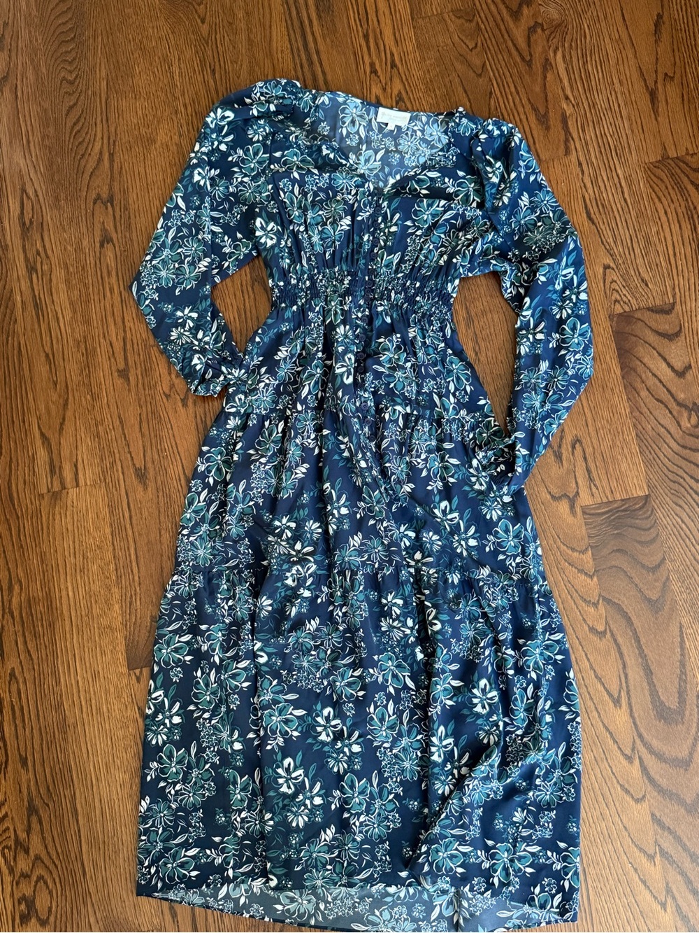 Women's Navy Floral Long-Sleeve Midi Dress